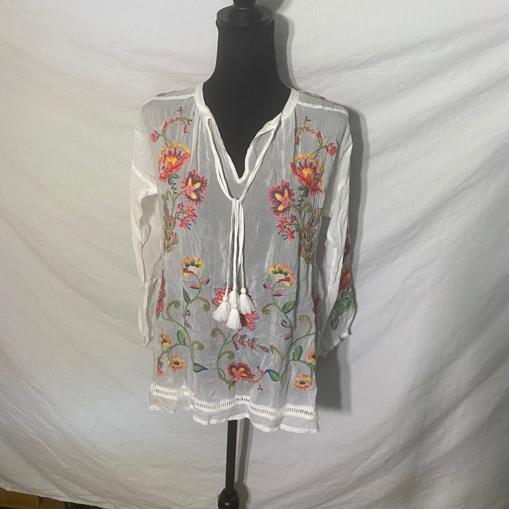 Johnny Was Margot Blouse White Floral Embroidered Tassel Cupro Top XS